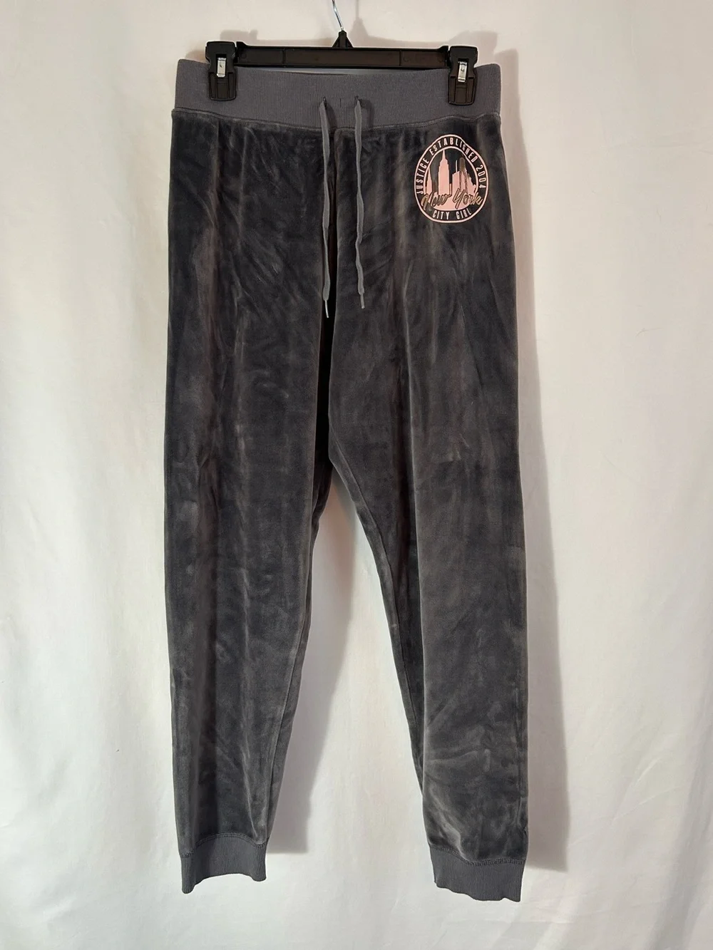Justice Charcoal Velour Joggers with Pink Logo Patch